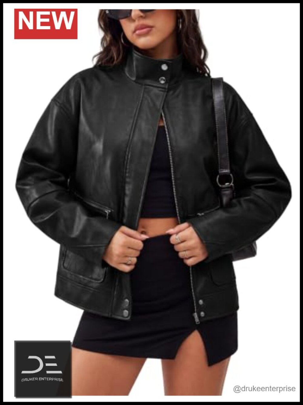 Faux Leather Bomber Jacket Women Cropped Zip Coat Fall Winter